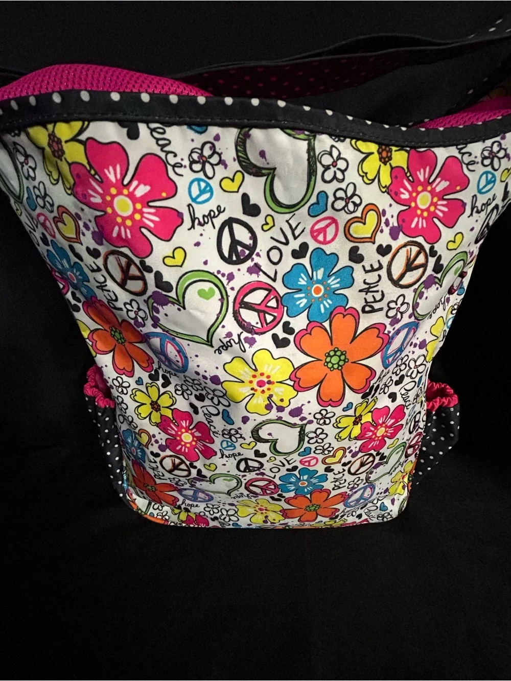Justice Girls Bright Floral Peace Sign Travel Tote Laundry Bag Pink Interior